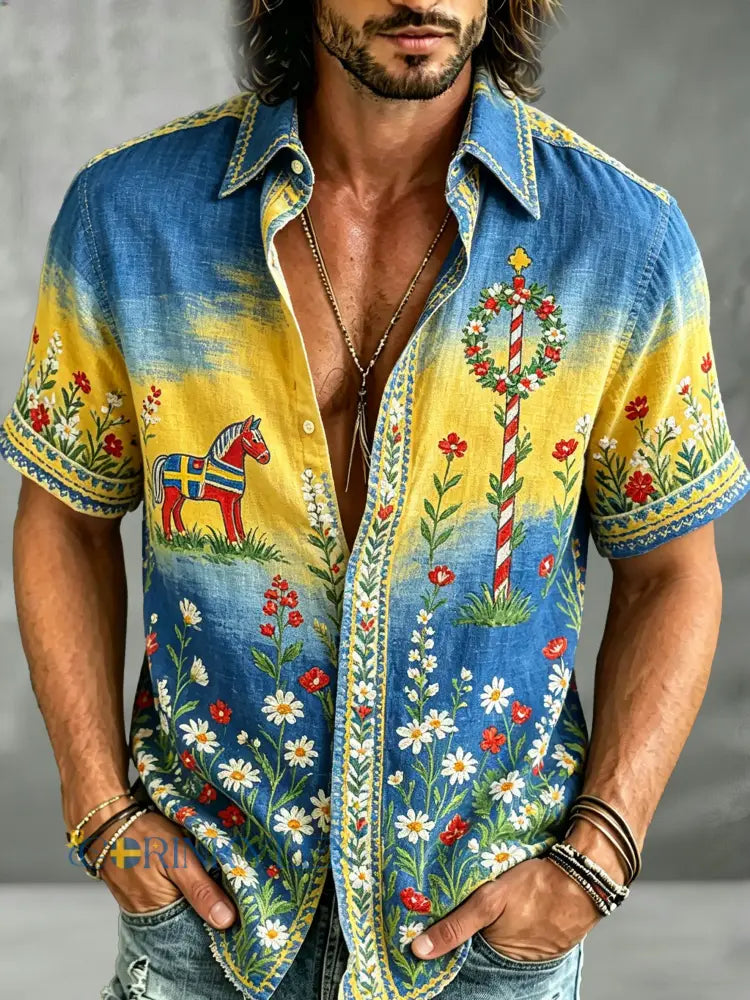 Herrtröja med korta ärmar och konstprint som hyllar den svenska midsommarfesten - A / S