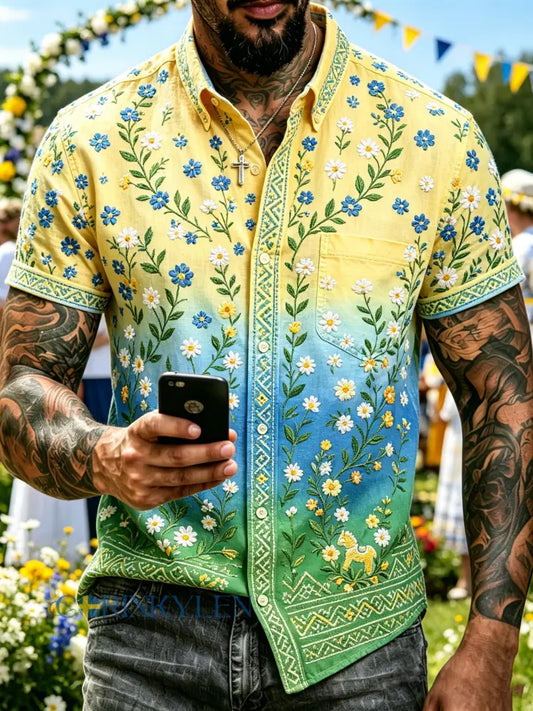 Herrtröja med korta ärmar och konstprint som hyllar den svenska midsommarfesten - A / S