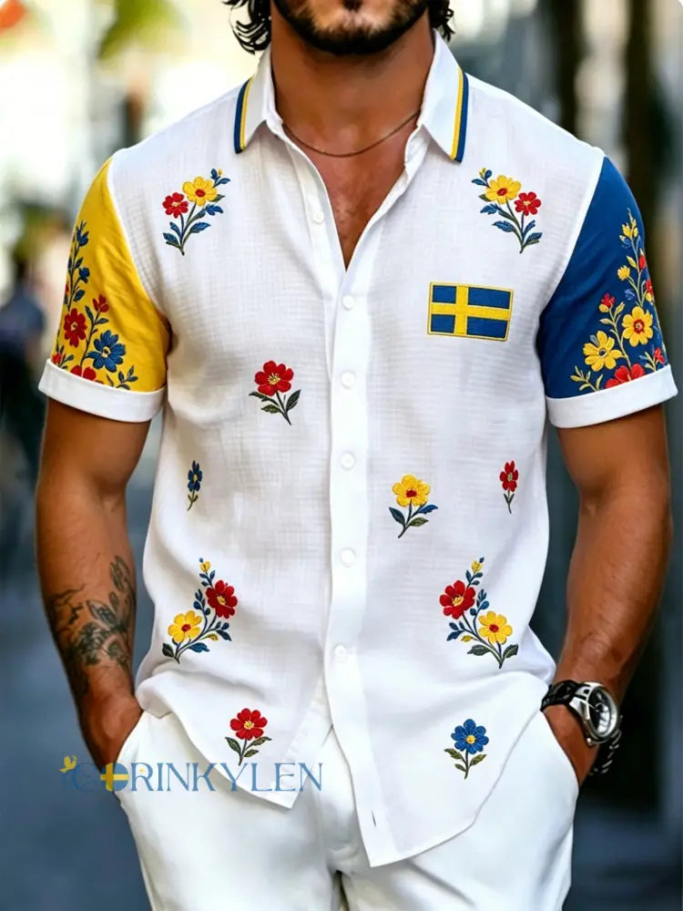 Herrtröja med korta ärmar och konstprint som hyllar den svenska midsommarfesten - A / S