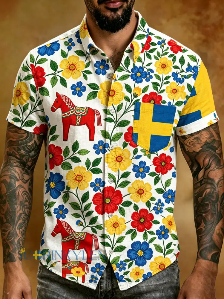 Herrtröja med korta ärmar och konstprint som hyllar den svenska midsommarfesten - A / S