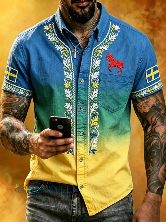 Herrtröja med korta ärmar och konstprint som hyllar den svenska midsommarfesten - A / S