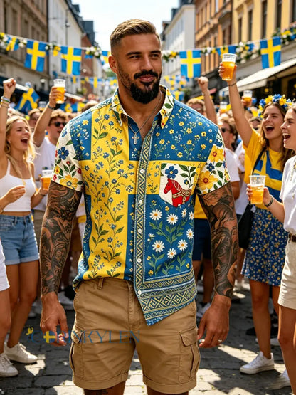 Herrtröja med korta ärmar och konstprint som hyllar den svenska midsommarfesten - B / S