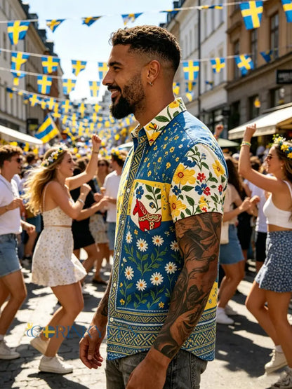 Herrtröja med korta ärmar och konstprint som hyllar den svenska midsommarfesten - C / S
