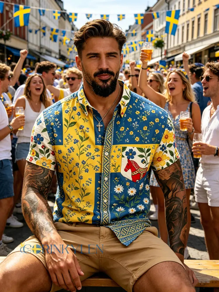 Herrtröja med korta ärmar och konstprint som hyllar den svenska midsommarfesten - D / S