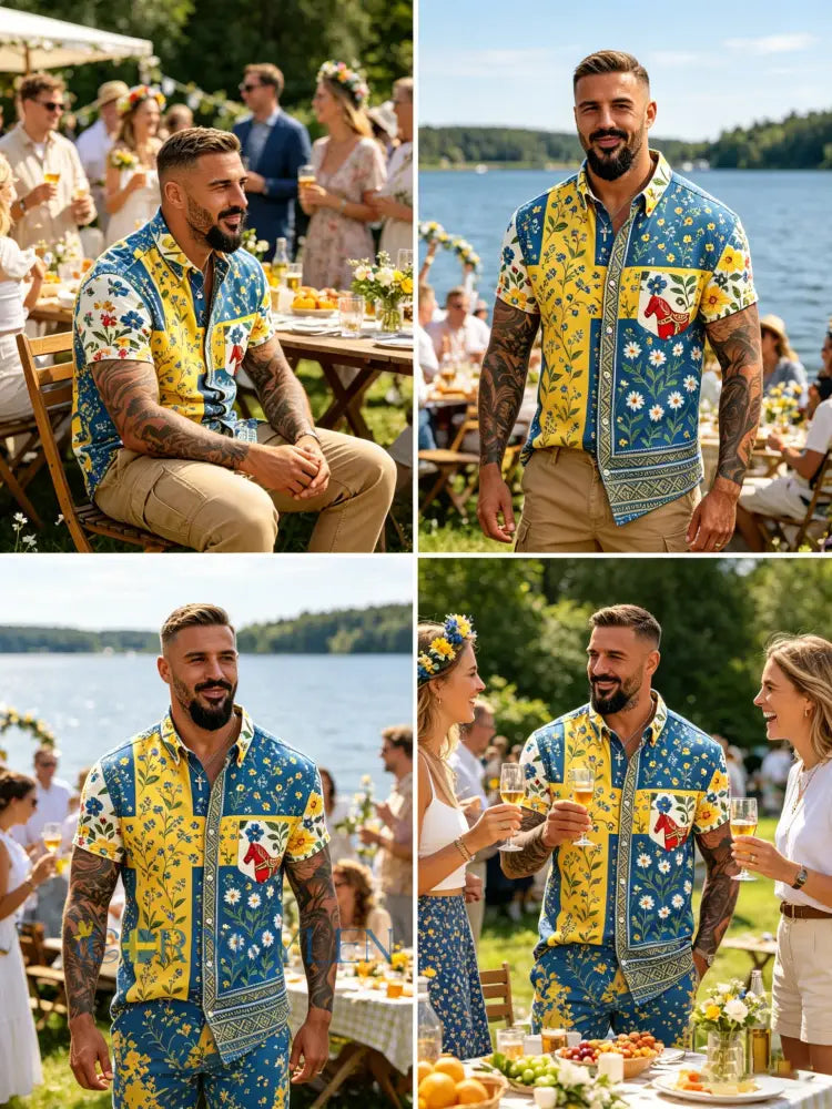 Herrtröja med korta ärmar och konstprint som hyllar den svenska midsommarfesten - E / S