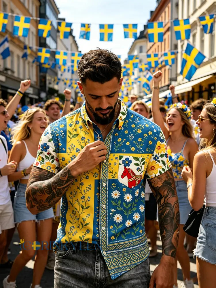 Herrtröja med korta ärmar och konstprint som hyllar den svenska midsommarfesten - H / S