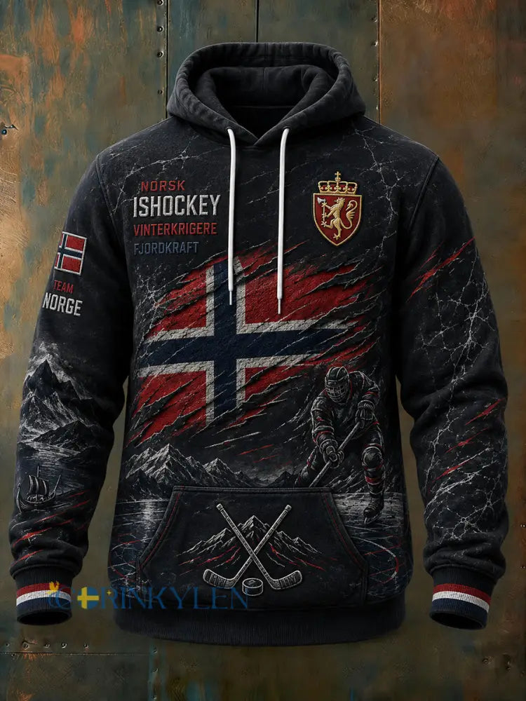 Herrtröja med lång ärm och huva prydd med en ishockeymotiv - A / S