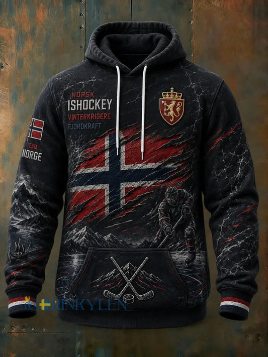 Herrtröja med lång ärm och huva prydd med en ishockeymotiv - A / S