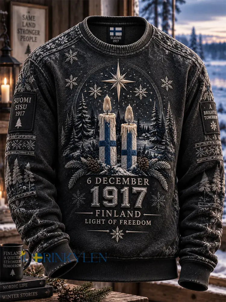 Herrtröja med lång ärm och rund halsringning i retrostil med finsk självständighetsdag - svart / S