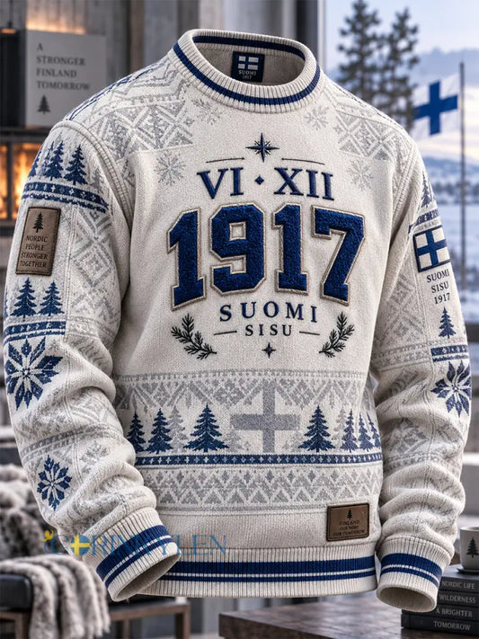 Herrtröja med lång ärm och rund halsringning i retrostil med finsk självständighetsdag - vitt / S