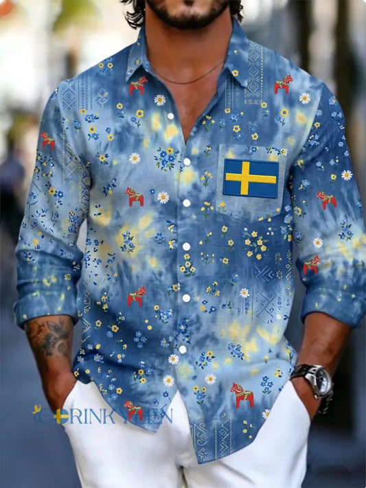 Herrtröja med långa ärmar och konstprint som hyllar den svenska midsommarfesten - A / S