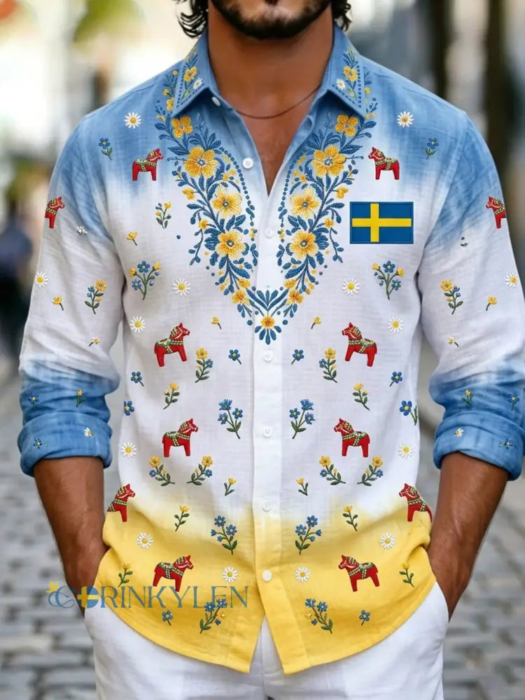 Herrtröja med långa ärmar och konstprint som hyllar den svenska midsommarfesten - A / S