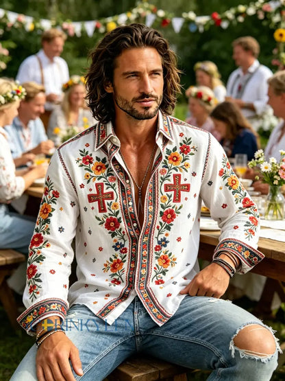 Herrtröja med långa ärmar och konstprint som hyllar den svenska midsommarfesten - B / S