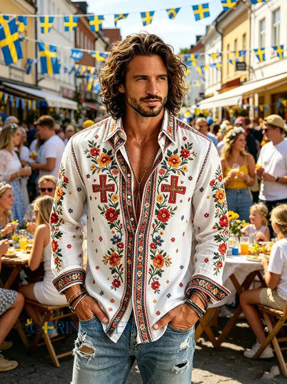 Herrtröja med långa ärmar och konstprint som hyllar den svenska midsommarfesten - C / S