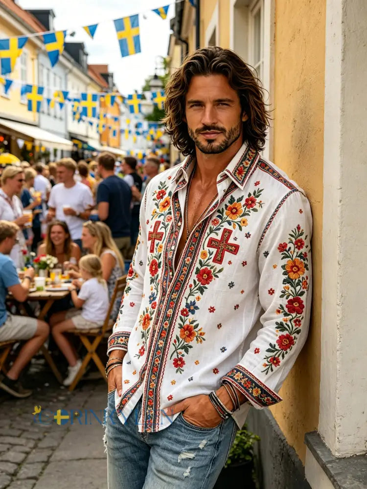 Herrtröja med långa ärmar och konstprint som hyllar den svenska midsommarfesten - D / S