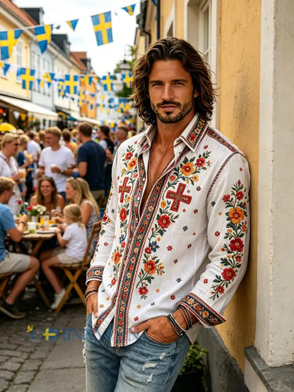 Herrtröja med långa ärmar och konstprint som hyllar den svenska midsommarfesten - D / S
