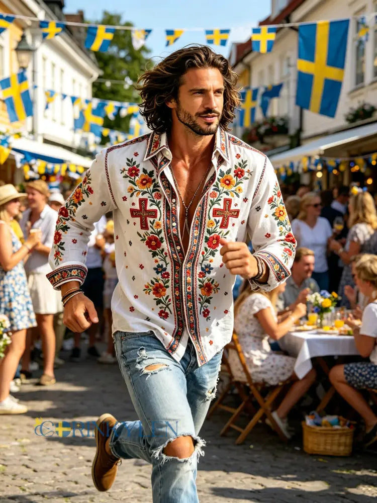 Herrtröja med långa ärmar och konstprint som hyllar den svenska midsommarfesten - E / S