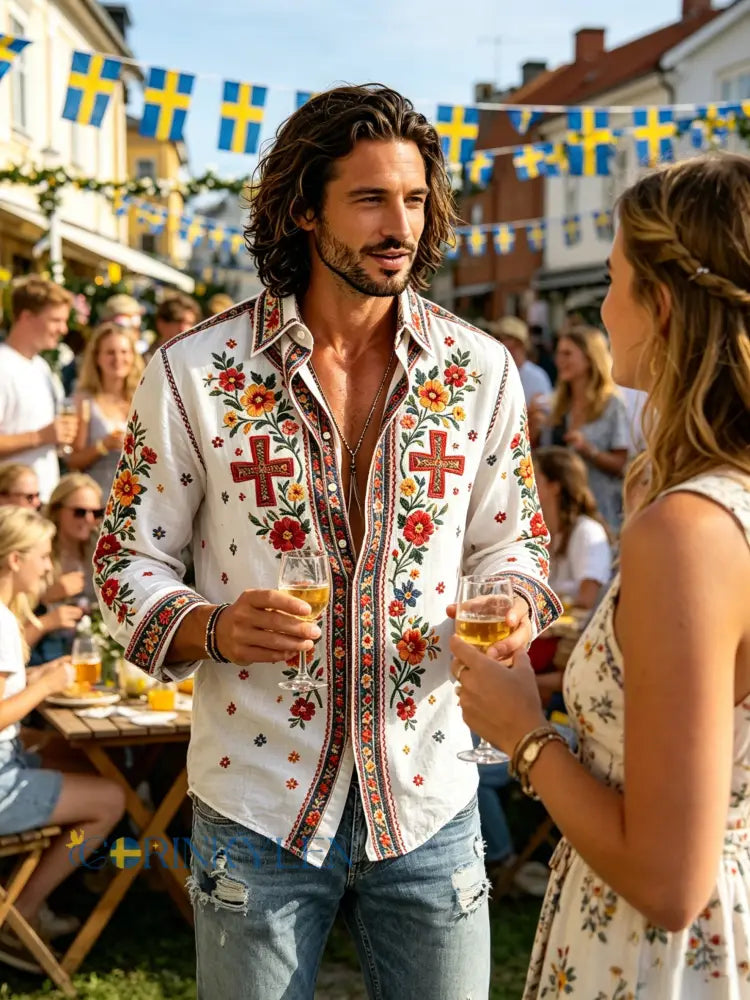 Herrtröja med långa ärmar och konstprint som hyllar den svenska midsommarfesten - F / S
