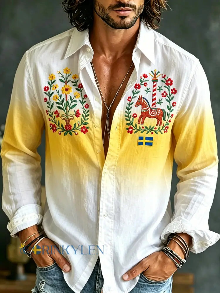 Herrtröja med långa ärmar och konstprint till minne av den svenska midsommarfesten - A / S