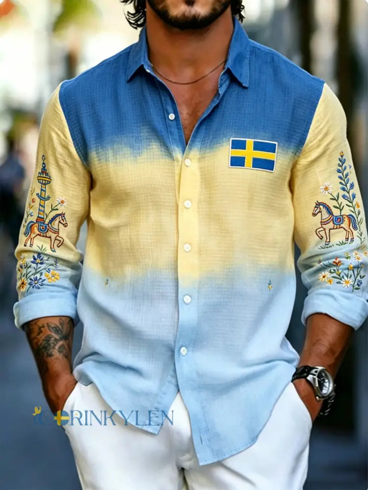 Herrtröja med långa ärmar och konstprint till minne av den svenska midsommarfesten - A / S