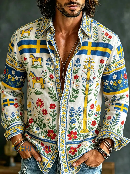 Herrtröja med långa ärmar och konstprint till minne av den svenska midsommarfesten - A / S