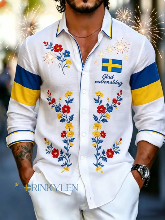 Herrtröja med långa ärmar och konstprint till minne av Sveriges nationaldag och midsommarfesten - A / S