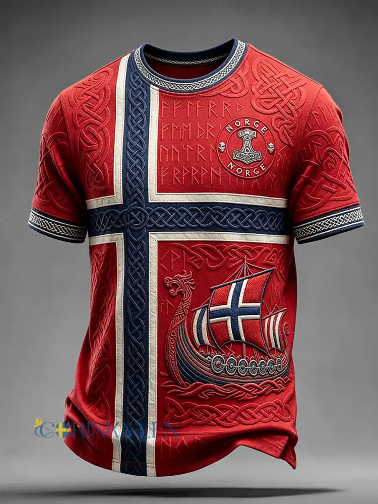Herrtröja med nordisk vikingaskepp keltisk flagga och korta ärmar - röd / S
