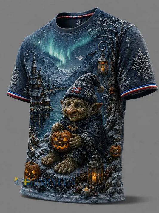 Herrtröja med norsk världsmönster av halloweenalfor tryckt - som bild / S