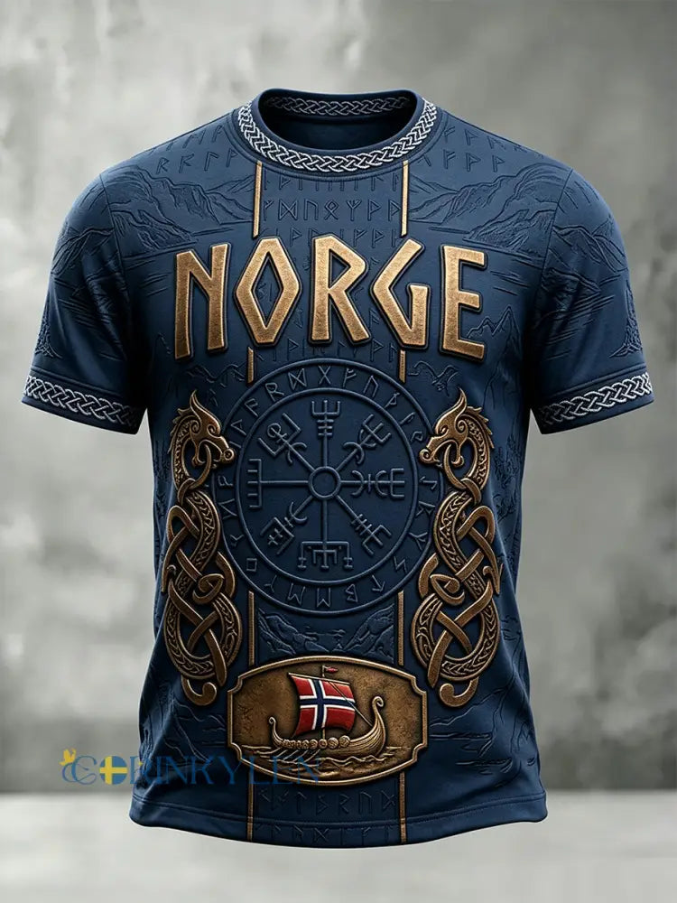 Herrtröja med norsk vikingainspirerat mönster och keltiskt tryck korta ärmar - djupblåa / S
