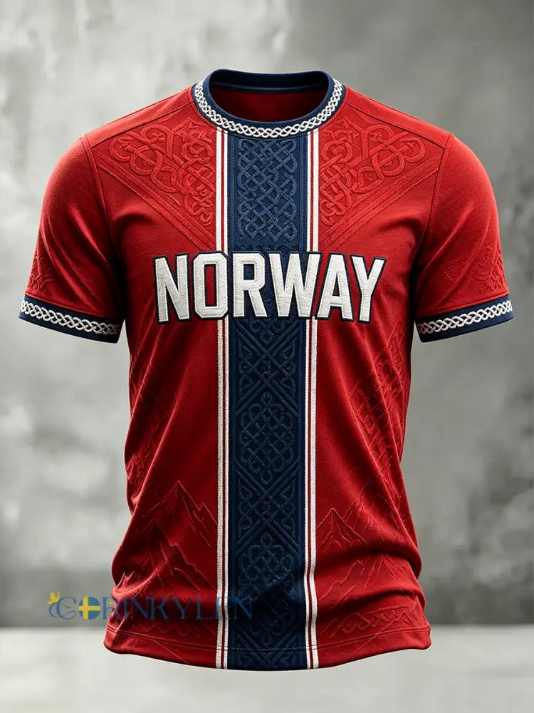 Herrtröja med norsk vikingainspirerat mönster och keltiskt tryck korta ärmar - röd / S