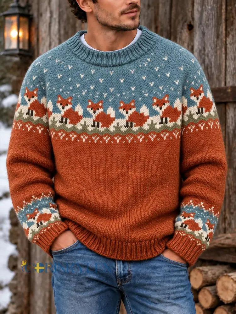 Herrtröja med retro Fair Isle-mönster och rävtryck avslappnad modell med rund halsringning - som bild / S