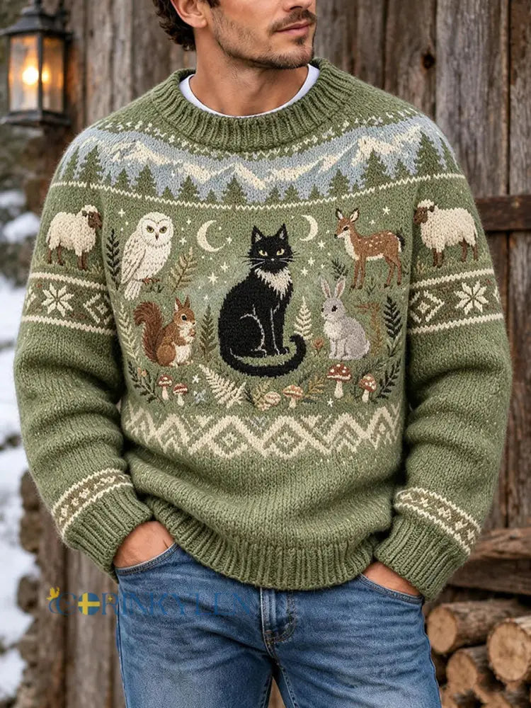 Herrtröja med retro Fair Isle-mönster och rund halsning i ledig stil - som bild / S