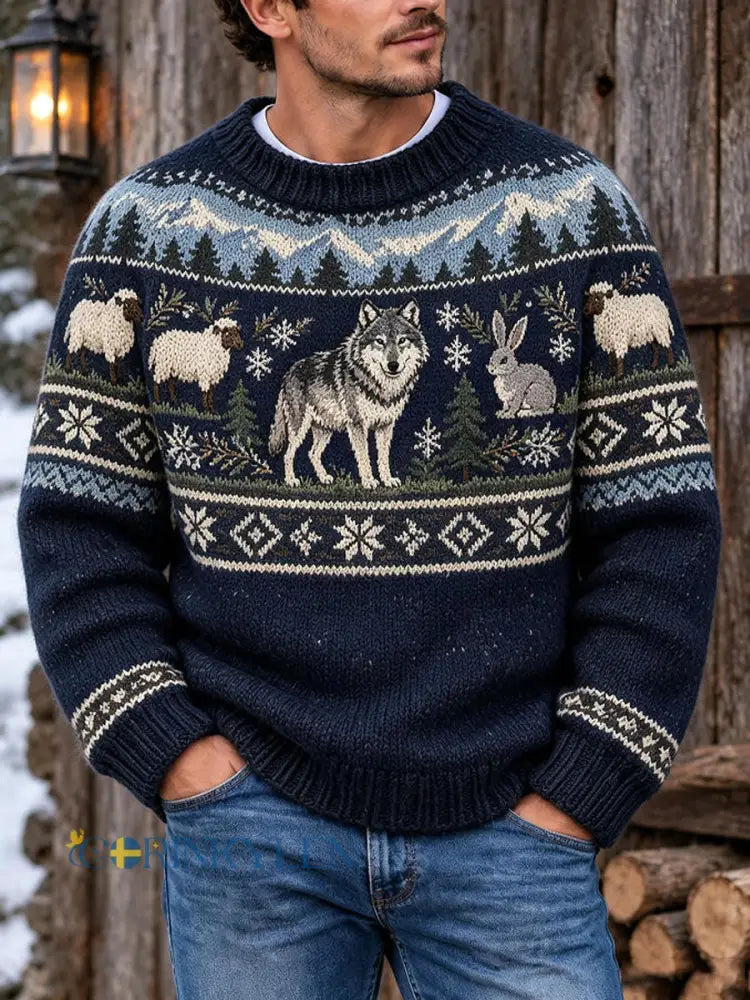 Herrtröja med retro Fair Isle-mönster och rund halsning i ledig stil - som bild / S
