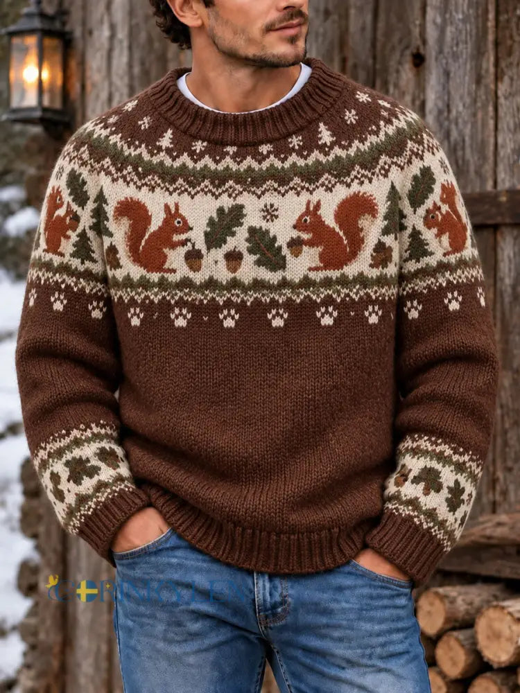 Herrtröja med retro Fair Isle-mönster och rund halsning i ledig stil - som bild / S