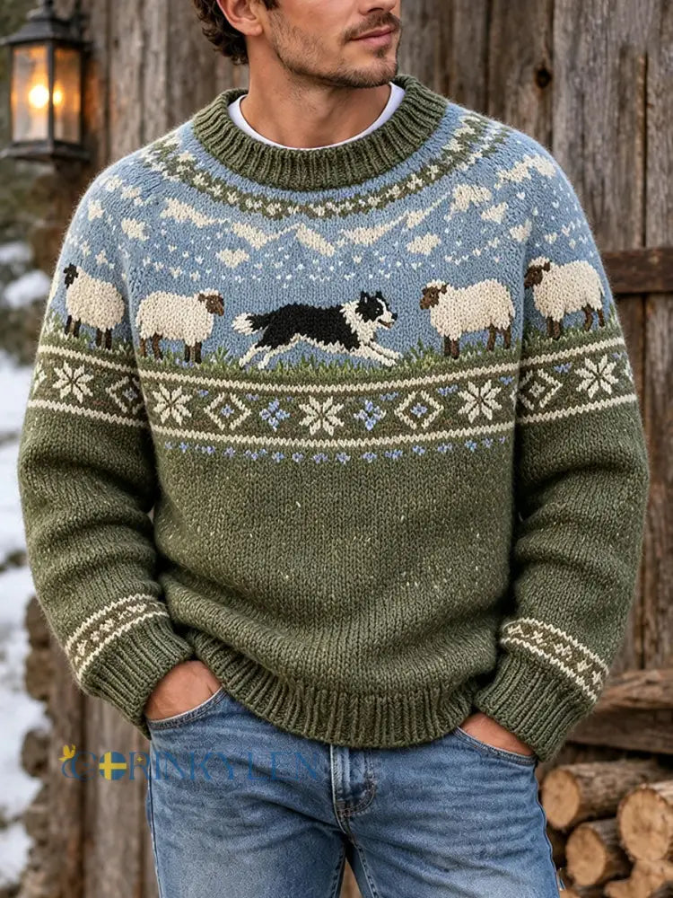 Herrtröja med retro Fair Isle-mönster och rund halsning i ledig stil - som bild / S