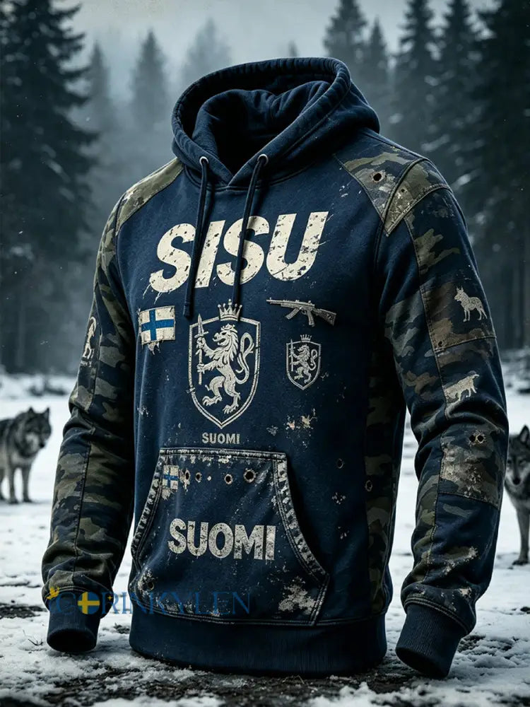 Herrtröja med retrofinländskt veteransisu-motiv och huva - A / S
