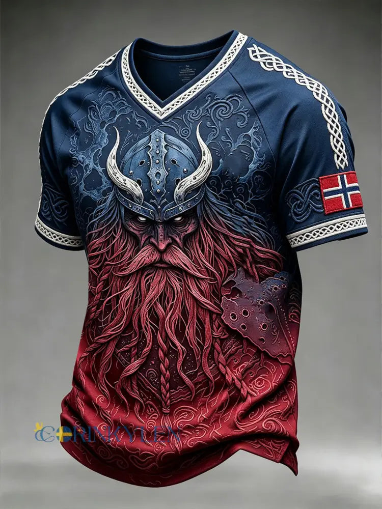 Herrtröja med retroinspirerat norsk vikingmönster och V-ringning - blåröd / S
