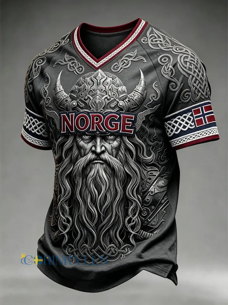 Herrtröja med retroinspirerat norsk vikingmönster och V-ringning - mörk grå / S