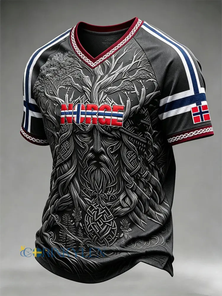 Herrtröja med retroinspirerat norsk vikingmönster och V-ringning - mörk grå / S