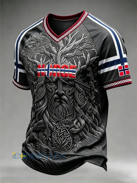 Herrtröja med retroinspirerat norsk vikingmönster och V-ringning - mörk grå / S