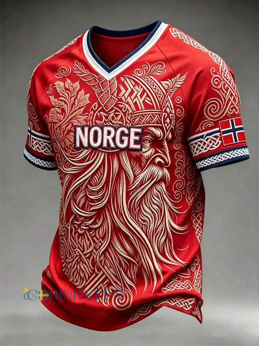 Herrtröja med retroinspirerat norsk vikingmönster och V-ringning - röd / S