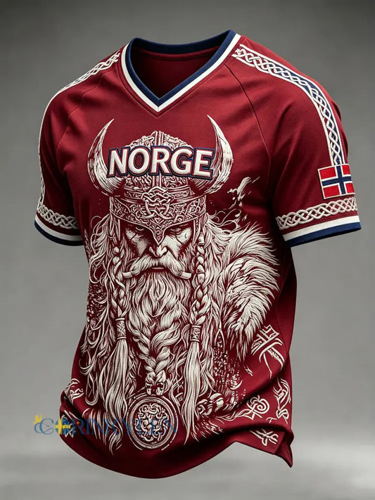 Herrtröja med retroinspirerat norsk vikingmönster och V-ringning - vinröd / S