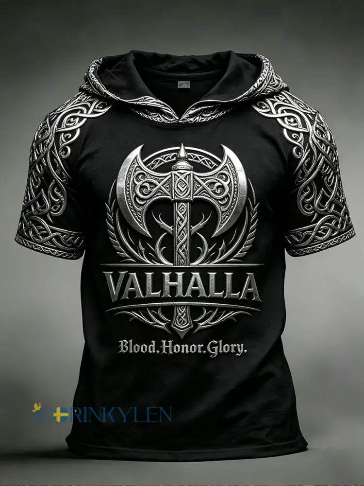 Herrtröja med retrovikingamönster kort ärm och huva - A / S