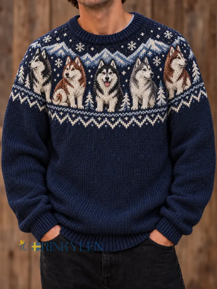 Herrtröja med rund hals och djurmotiv av hund tryckt design - mörk blå / S
