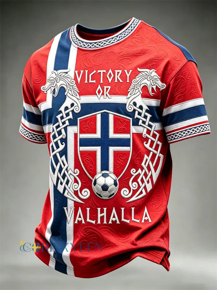 Herrtröja med segermotiv eller Valhalla fotbollsmotiv från Norge vikingar och keltisk flagga färgblockdesign och korta