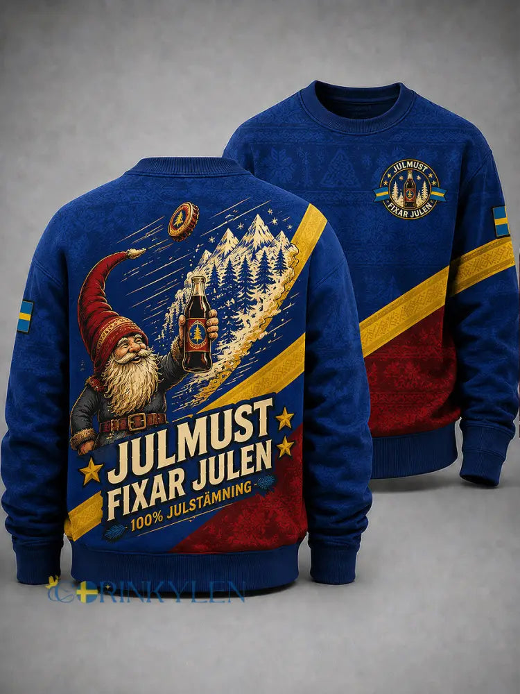 Herrtröja med svensk julkonsttryck långärmad och rund hals - blå / S