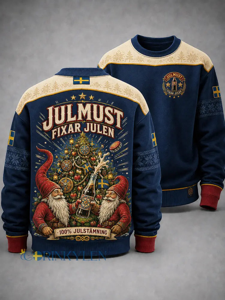 Herrtröja med svensk julkonsttryck långärmad och rund hals - blå / S