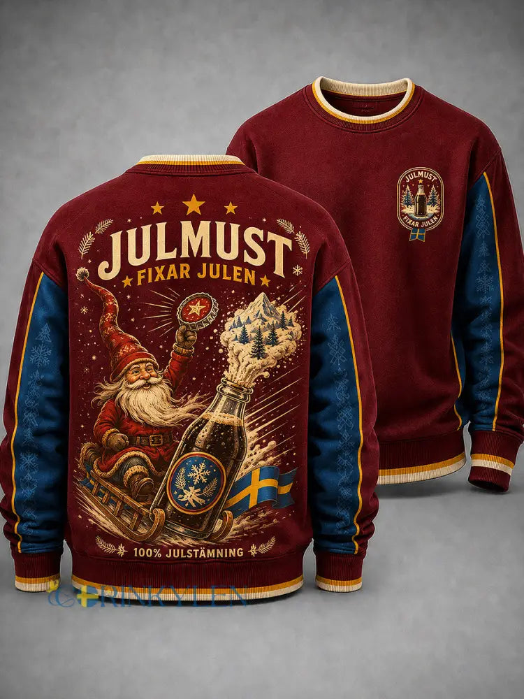 Herrtröja med svensk julkonsttryck långärmad och rund hals - vinröd / S