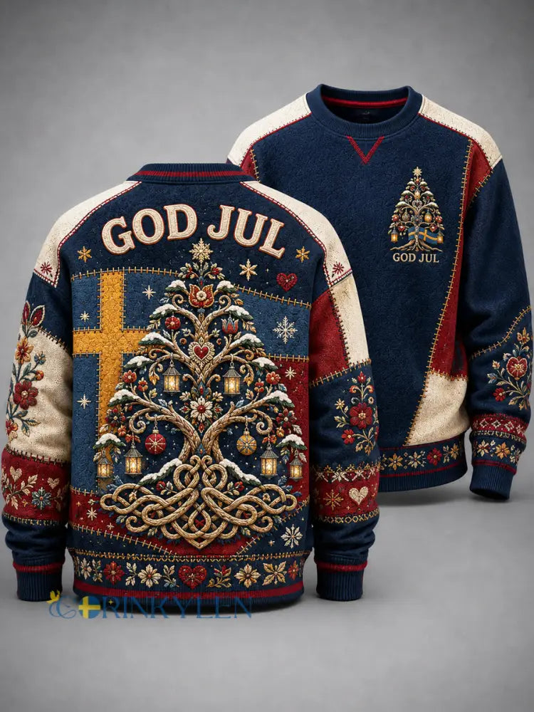 Herrtröja med svensk julprint rund hals och lång ärm - djupblåa / S