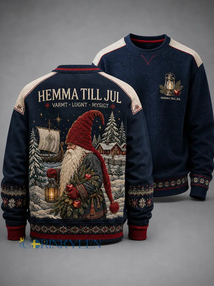 Herrtröja med svensk julprint rund hals och lång ärm - djupblåa / S